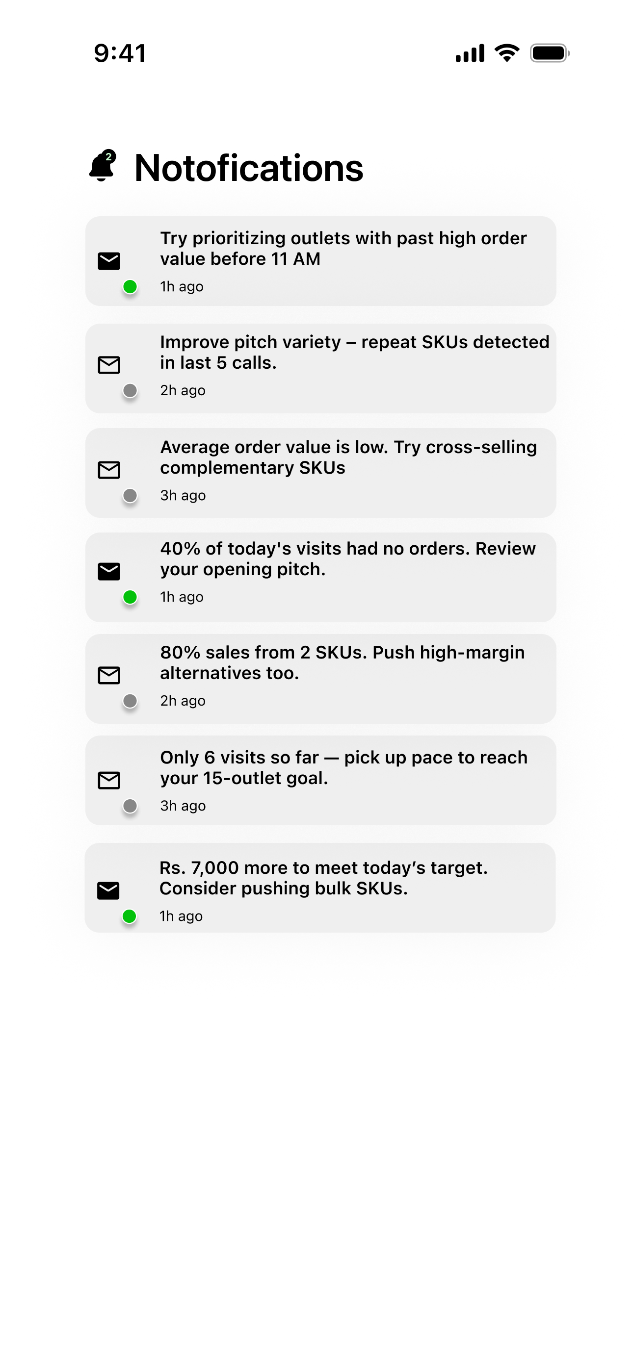 In-app coaching notifications for a sales rep