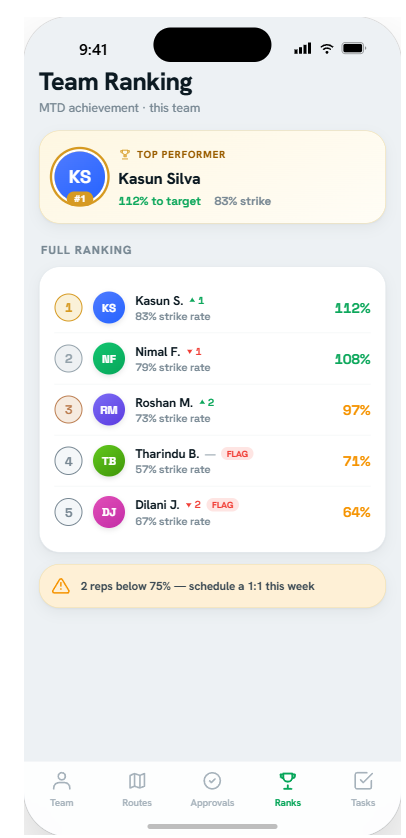 Team ranking and target achievement leaderboard